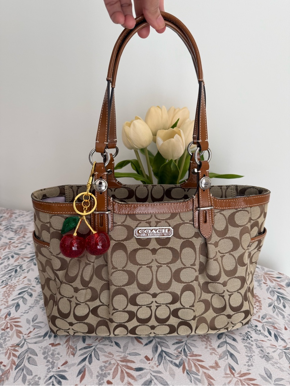 Coach Beige Signature Canvas Tote with Brown Leather Trim